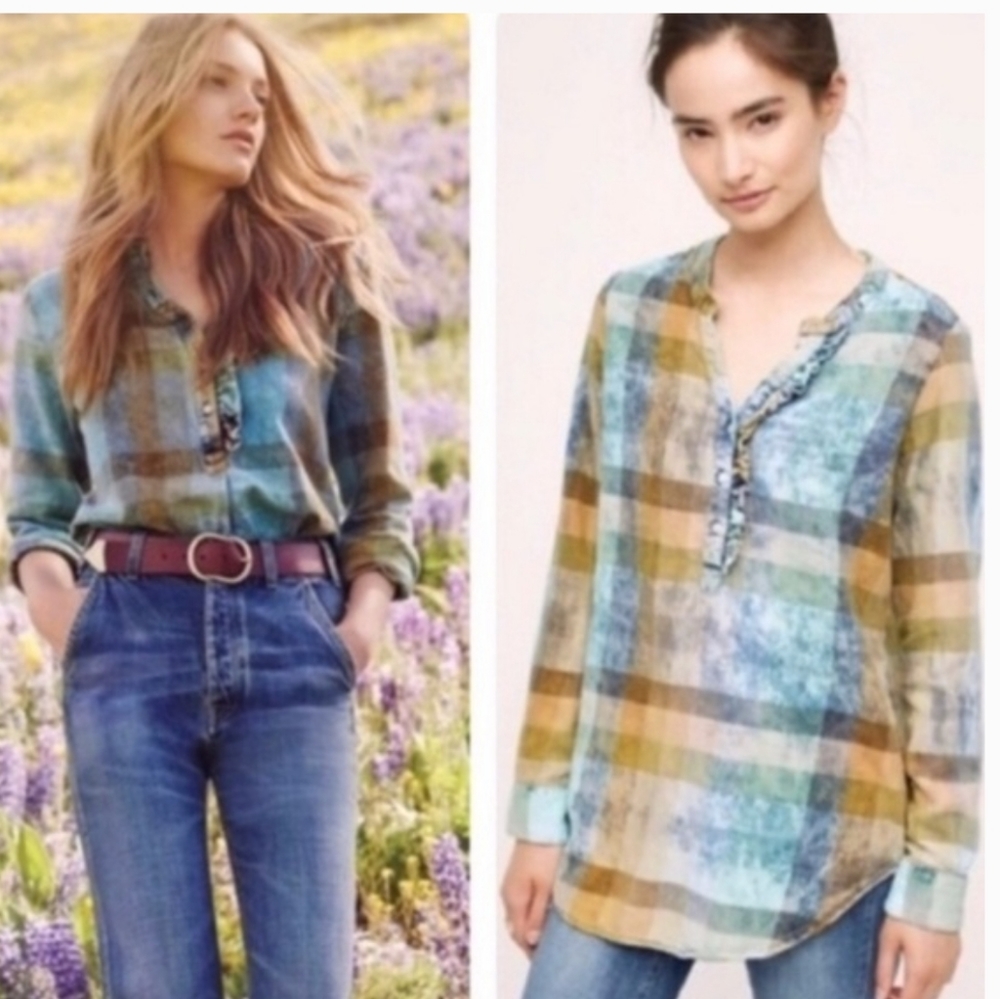 Isabella Sinclair Anthropologie Top Size XS Plaid Tunic V Neck 1/4 Button Up